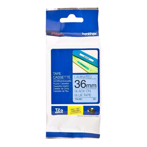 Fita laminada. Texto preto sobre fundo azul. Largura: 36 mm. Comprimento: 8 m - Brother TZe561
