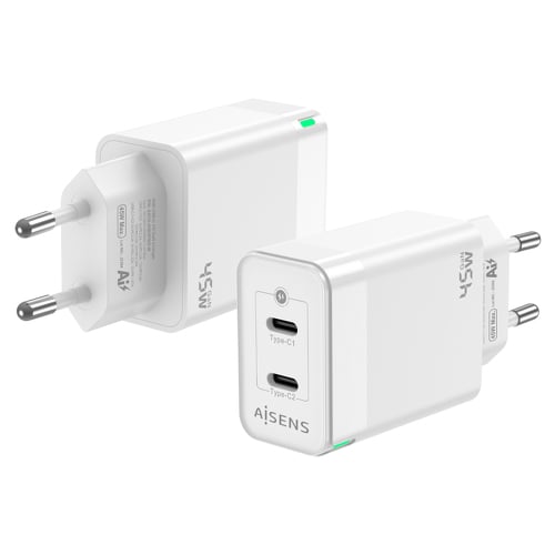 Carregador Aisens GAN 45W - 2xUSB-C PD3.0 QC4.0 - Branco - Aisens 228492