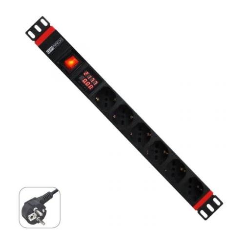 WP RACK REGUA TOMADAS 6X SCHUKO 19" PDU C/ INTERRUPTOR & MEDIDOR CORRENTE - WP Rack WPN-PDU-G03-06