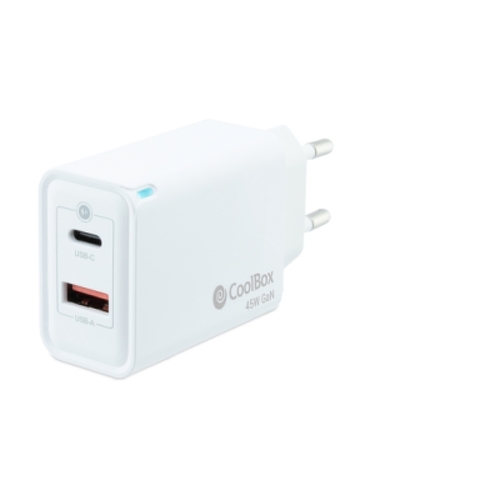 Carregador de parede Coolbox GaN Carregamento rápido USB-C/USB-A de 45 W - Compacto - Compatível com vários dispositivos - Tecnologia GaN avançada - Branco - Coolbox 298427