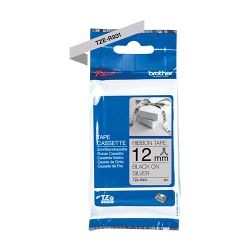 Fita acetinada não adesiva. Texto preto sobre tecido prateado. Largura: 12mm. Comprimento: 4m - Brother TZe-R931