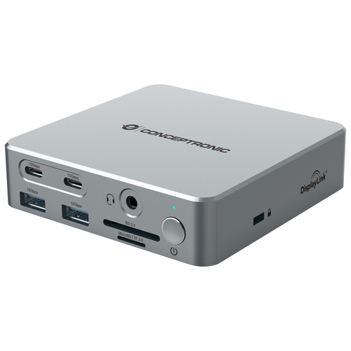Hub USB Conceptronic Base USB-C: 2x HDMI, 1x DP, 4x USB-C, 1x RJ45, adaptador de áudio de 3,5 mm, 120 W - Conceptronic DONN25G