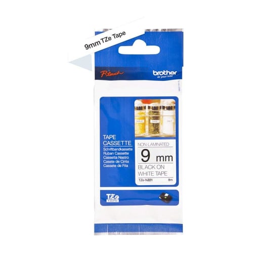 Fita não laminada. Texto preto sobre fundo branco. Largura: 9 mm. Comprimento: 8 m - Brother TZeN221