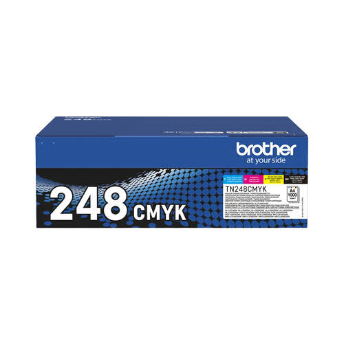 Pack de 4 Toners (Preto, Cião, Magenta e Amarelo). Duração estimada: 1.000 páginas cada cor segundo ISO/IEC 19798 - Brother TN248VAL