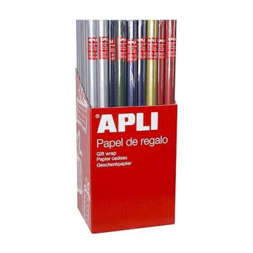 Apli Expositor de 55 Rollos de Papel Regalo Kraft - 11 Rollos por Color - Medidas del Rollo 0.70x2m - Colores Azul Oscuro, Verde Oscuro, Rojo, Oro y Plata - APLI 13644