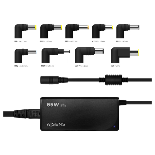 Carregador automático universal de 65W para computadores portáteis com 9 conectores + USB-A QC.3.0 - Corta preta - Aisens 181656