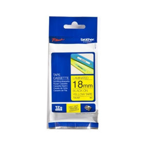 Fita laminada. Texto preto sobre fundo amarelo. Largura: 18 mm. Comprimento: 8 m - Brother TZe641