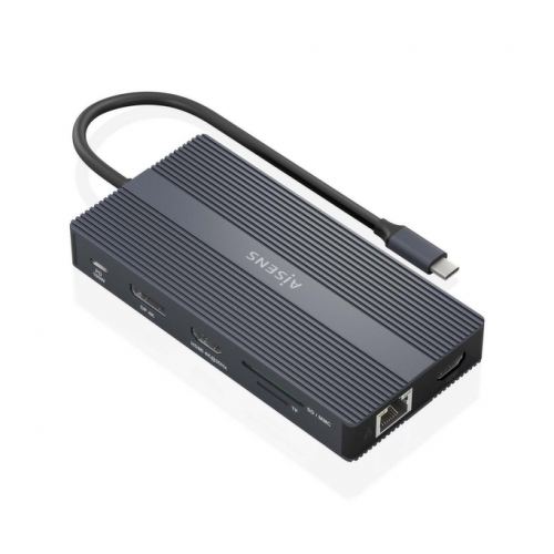 Conversor USB-C 12 em 1 da Aisens - Caixa de alumínio - Leve e portátil - Ligação de 3 ecrãs - Alimentação 100W - Ethernet RJ45 - Portas USB-A e USB-C - Leitores de cartões SD e Micro SD - Aisens 284947