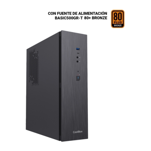 Coolbox T370 Slim MicroATX Tower Case - Tamanho de disco suportado 2,5" - USB-A 3.2 Gen1, USB-C 3.2 Gen1 e HD Audio - Fonte de alimentação 500W - Cor preta - Coolbox COO-PCT370-1