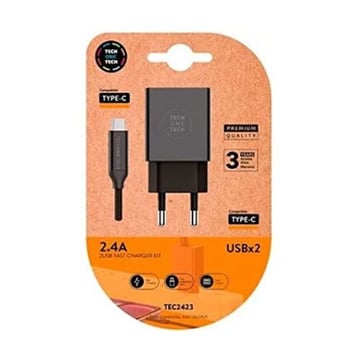 TechOneTech Carregador de Parede Duplo + Cabo USB-A para USB-C 1m - Revestido a Nylon Trançado - TechOneTech 144354