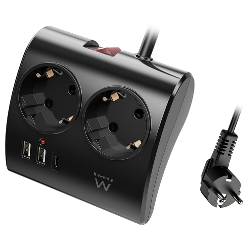 EWENT BLOCO TOMADAS DESKTOP 2x SCHUKO 1xUSB-C 2xUSB PORT 1.5MT BLACK - Ewent EW3871