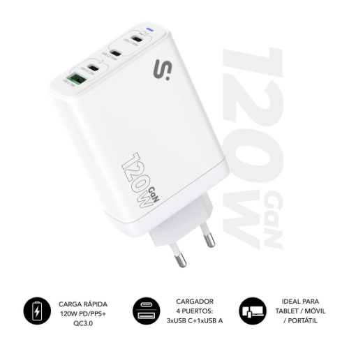 Carregador de parede Subblim GaN 120W - 4 portas (3xUSB-C + 1xUSB-A) - Carregamento ultrarrápido - Cor branca - Subblim SUBCHG-6G1204