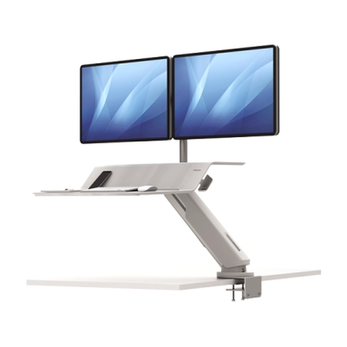 Estação de trabalho dupla Fellowes Sit-Stand Lotus RT - Superfície grande - Inclui braço para monitor - Superfície de madeira resistente - Branco - Fellowes 8081801