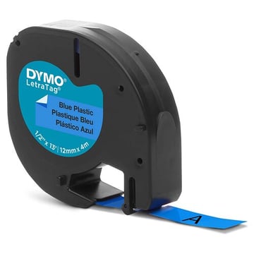 Dymo LetraTag S0721650 Cinta de Etiquetas Original para Rotuladora - Texto negro sobre fondo azul - Ancho 12mm x 4 metros (91205) - Dymo S0721650