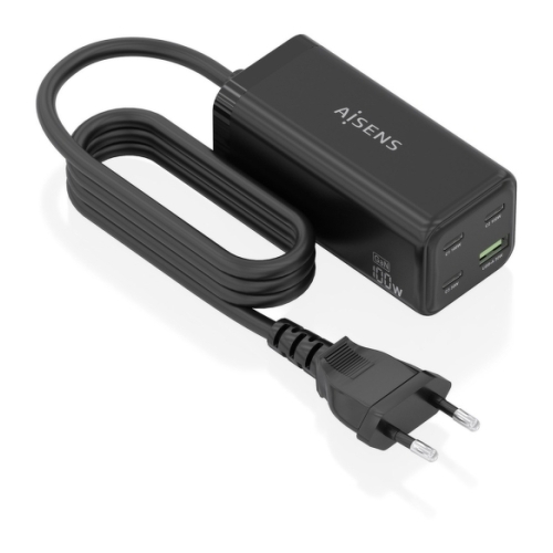 Carregador Aisens GAN 100W - 3xUSB-C PD3.0, QC4.0, QC5.0 - 1xUSB-A QC3.0 - Cabo de 1,4 metro - Preto - Aisens ASCH-100W4P054-BK