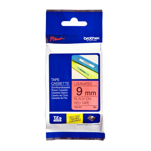 Fita laminada. Texto preto sobre fundo vermelho. Largura: 9 mm. Comprimento: 8 m - Brother TZe421