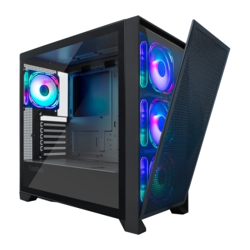 Gabinete Coolbox GE2000 DualView ATX, Micro ATX, Mini-ITX Tower - Frente dupla intercambiável - Laterais de vidro temperado - Tamanho do HDD: 2,5", 3,5" - USB-A 3.0, USB-C e áudio - 4 ventoinhas ARGB de 120 mm - Suporta refrigeração líquida - Cor preta - Coolbox COO-CHA-GE2000-0