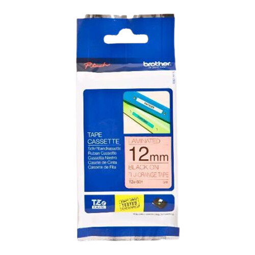 Fita laminada. Texto preto sobre fundo laranja fluorescente. Largura: 12 mm. Comprimento: 5 m - Brother TZe-B31