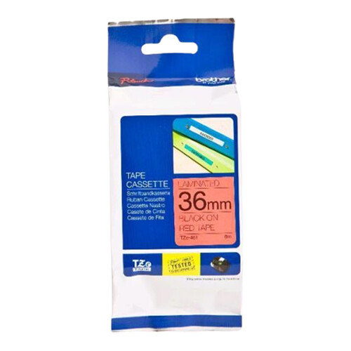 Fita laminada. Texto preto sobre fundo vermelho. Largura: 36 mm. Comprimento: 8 m - Brother TZe461