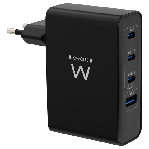 USB GAN AC charger 100W, 3x USB-C 100W PD3.0 QC4 +1x USB-A QC3. - Ewent EW1336
