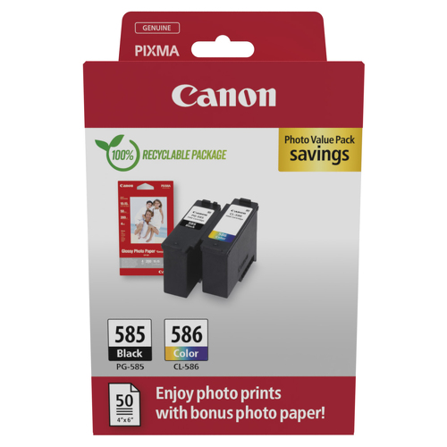 PG-585/CL-586 PHOTO VALUE - 4x6 Phot Paper(GP-501 50sheets) + Black & Colour Cartridges - Canon 6205C004
