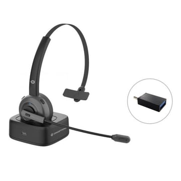 Auscultadores mono Bluetooth da Conceptronic com microfone rotativo e flexível - Cancelamento de ruído - Almofada para os ouvidos - Adaptador USB-C para USB-A - Conceptronic POLONA03BD
