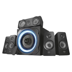 Conjunto de altifalantes Trust Gaming GXT 658 Tytan 5.1 180W - Subwoofer em madeira - Iluminação LED azul - Graves profundos - Controlo remoto - Cor preta - Trust 21738