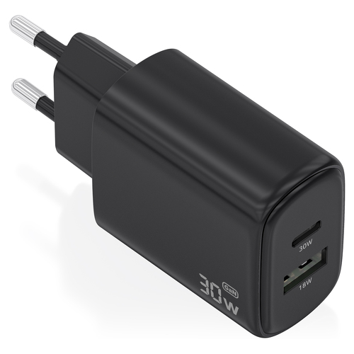 Aisens Carregador GaN 30W 1xUSB-C PD3,0 QC4,0 1xUSB-A QC3,0 Preto - Aisens A110-0978