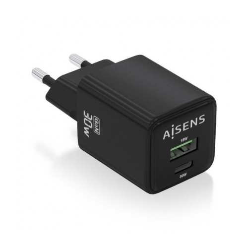 Carregador Aisens USB-C 30W - Alta eficiência energética - Tecnologia AI para carregamento rápido - Várias protecções de segurança - Compatível com USB-C e USB-A - Carregamento simultâneo de 2 dispositivos - Aisens 284872