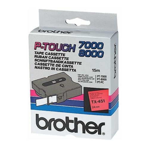 Fita laminada. Texto preto sobre fundo vermelho. Largura: 24 mm. Comprimento: 15 m - Brother TX451