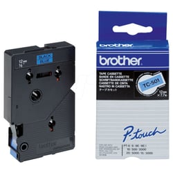 Fita laminada. Texto preto sobre fundo azul. Largura: 12 mm. Comprimento: 7,7 m - Brother TC501