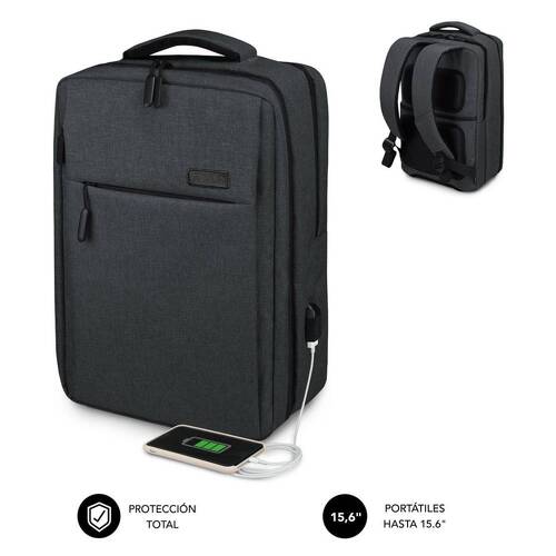 Mochila para portátil Subblim 15,6" - Espaço acolchoado para portátil - Bolso para tablet - Organizadores internos - Porta USB - Preto - Subblim 234142