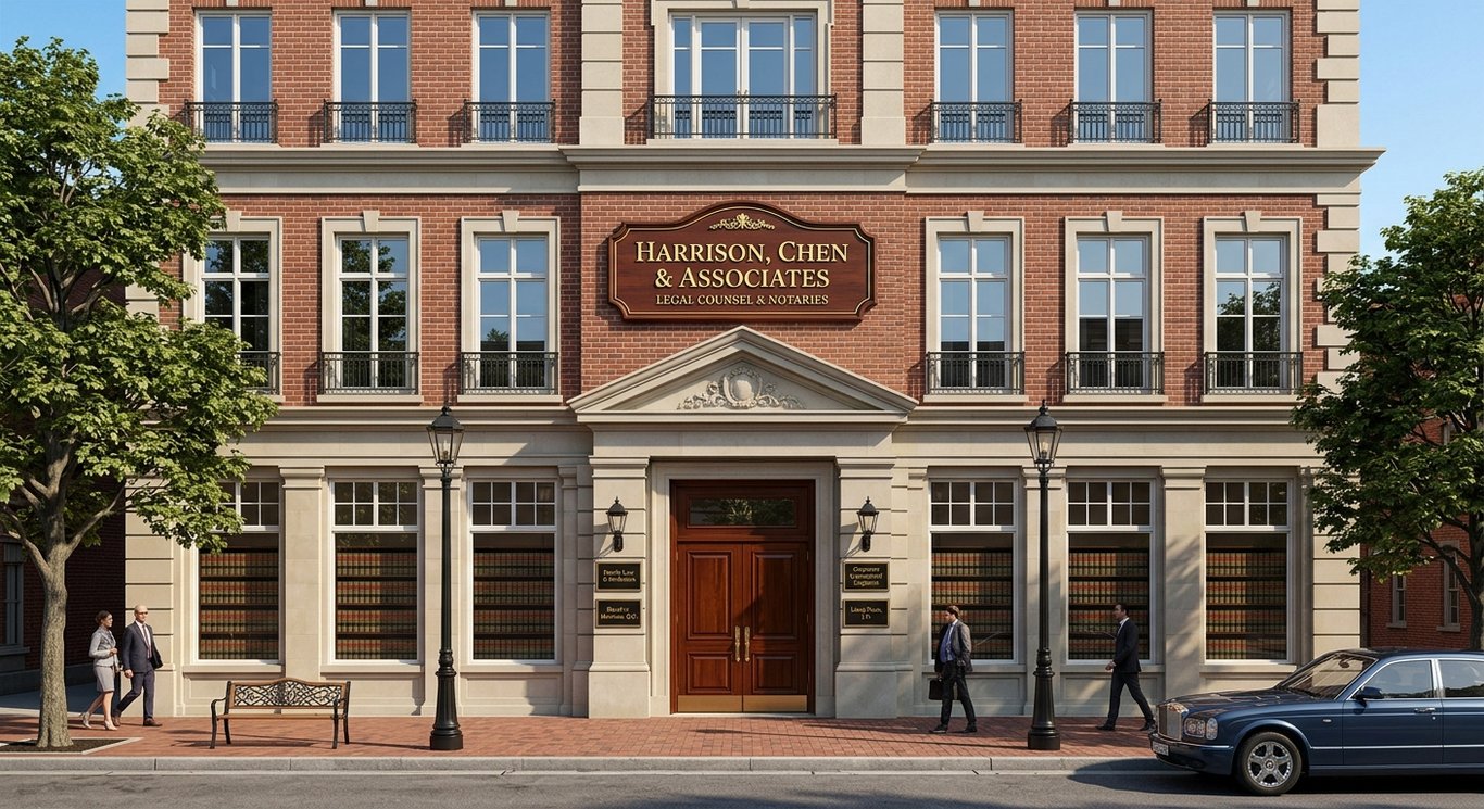 Elegant law office storefront with warm lighting