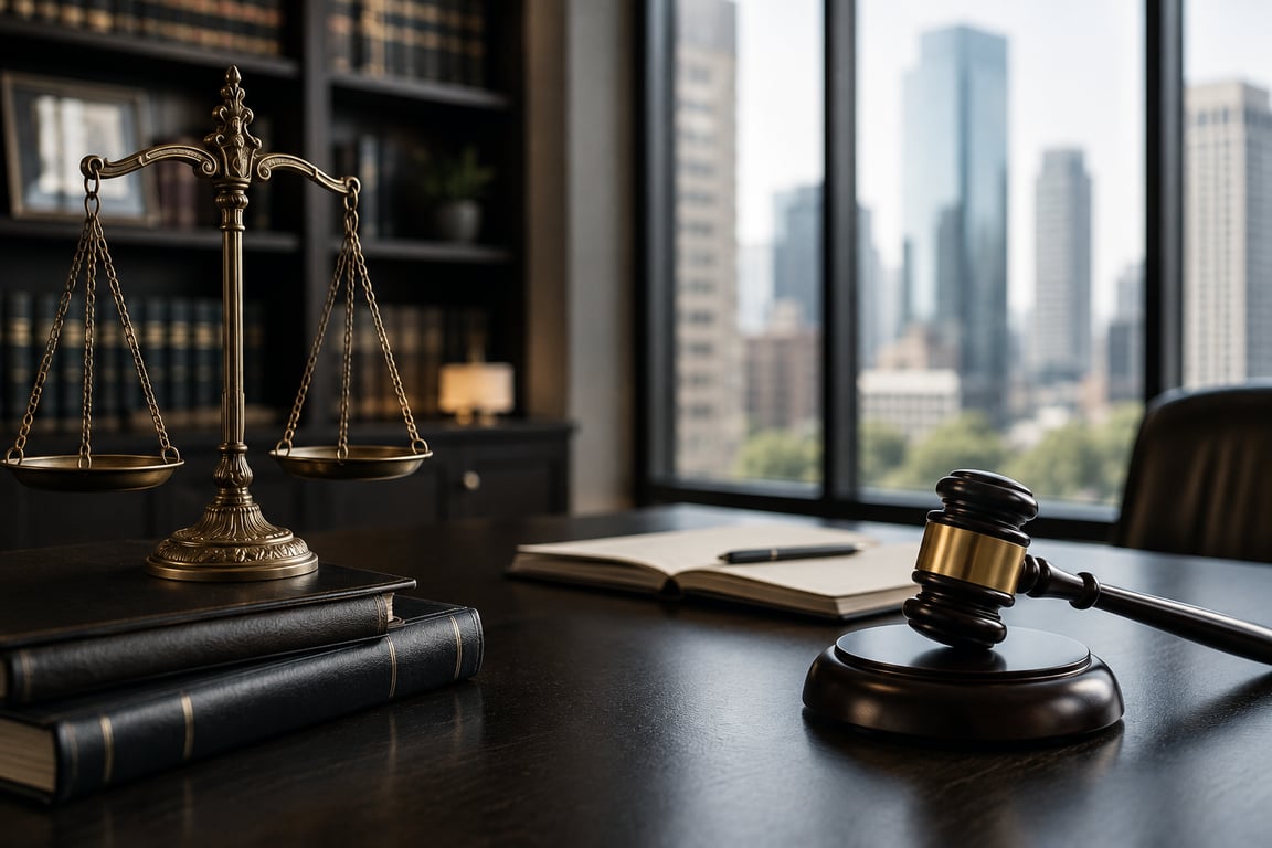 Law library with books and scales of justice