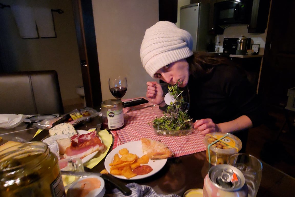 Enjoying dinner away from home after realizing our last aurora chase of the season was over.
