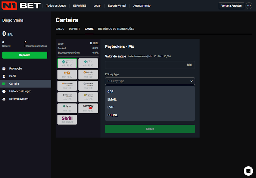 Como faz para sacar com a casa de apostas N1Bet 1