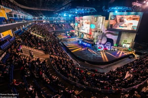 MOSCOW RUSSIA OCTOBER 2018 Counter Strike Global Offensive esports event. Main stage venue and tribunes full of visitors and fans. View from the top