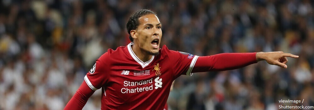 BANNER KYIV UKRAINE MAY 26 Virgil Van Dijk in action during the UEFA Champions League final match between Real Madrid vs Liverpool FC at the NSC Olimpiyskiy stadium in Kiev on 26 May 2018