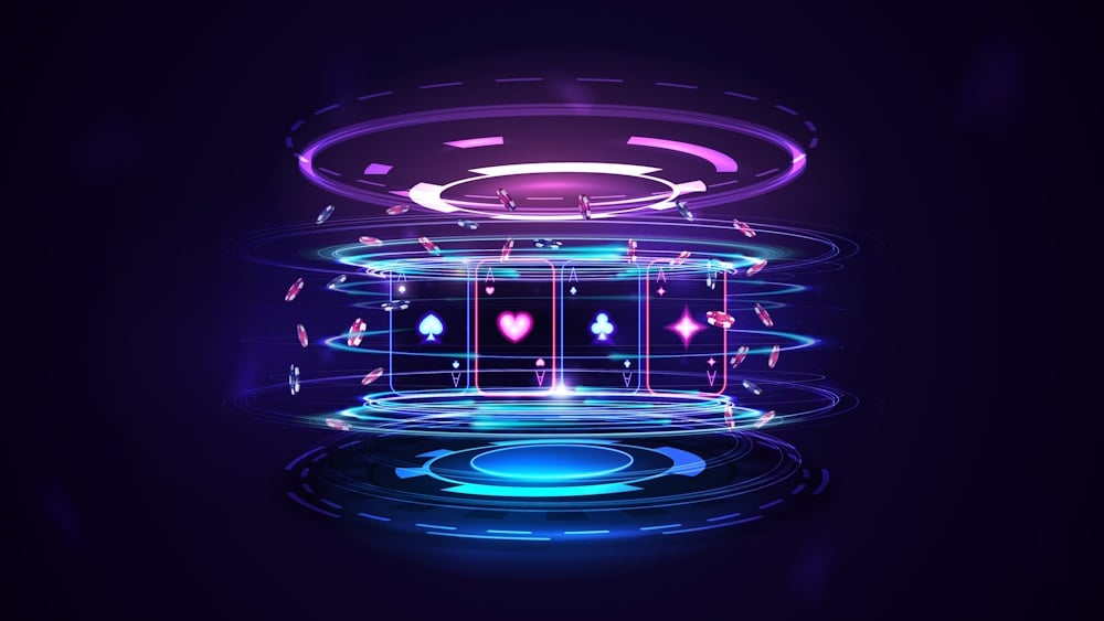Neon,Casino,Playing,Cards,With,Poker,Chips,And,Hologram,Of