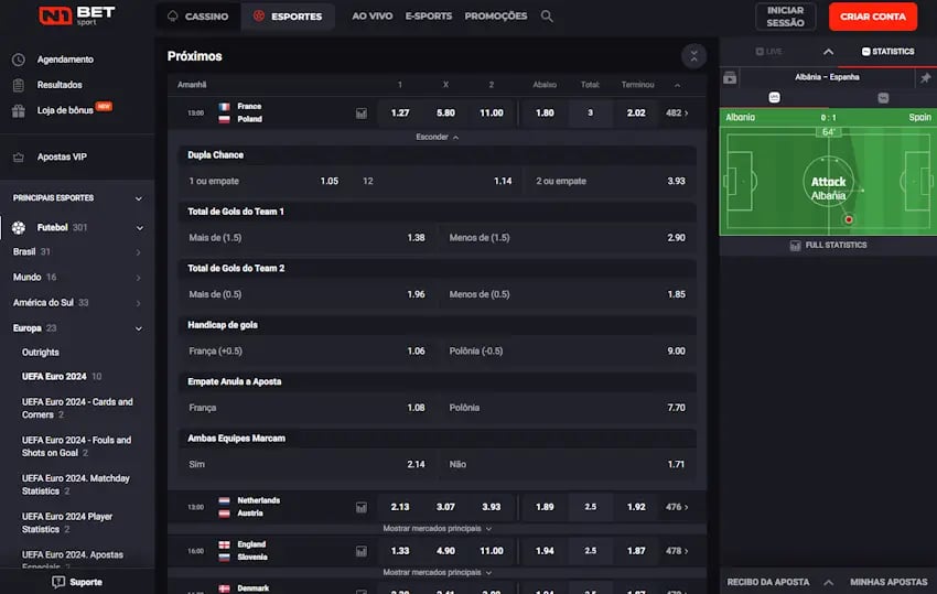 Todos os mercados de apostas para a EURO na N1Bet 1