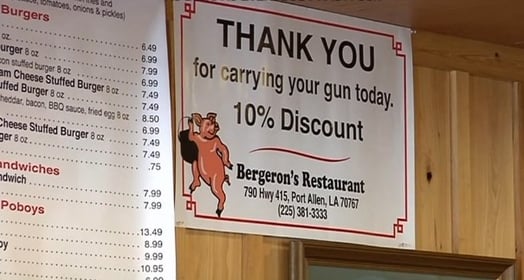 Local Louisiana Restaurant Offers Discount for Carrying a Gun