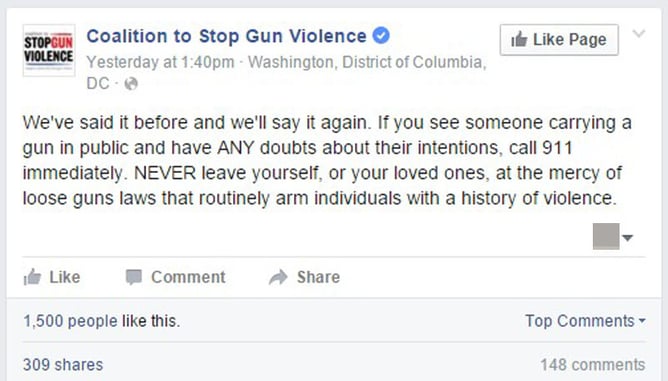 Coalition To Stop Gun Violence Tells Members To Call 911 Anytime They See Someone Openly Carrying A Firearm. Again.