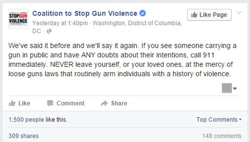 Coalition To Stop Gun Violence Tells Members To Call 911 Anytime They See Someone Openly Carrying A Firearm. Again.