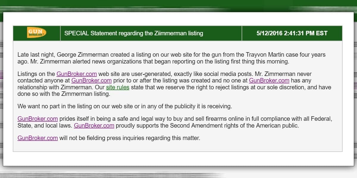 GunBroker.com Responds To Zimmerman Gun Auction, And Why They Removed The Listing