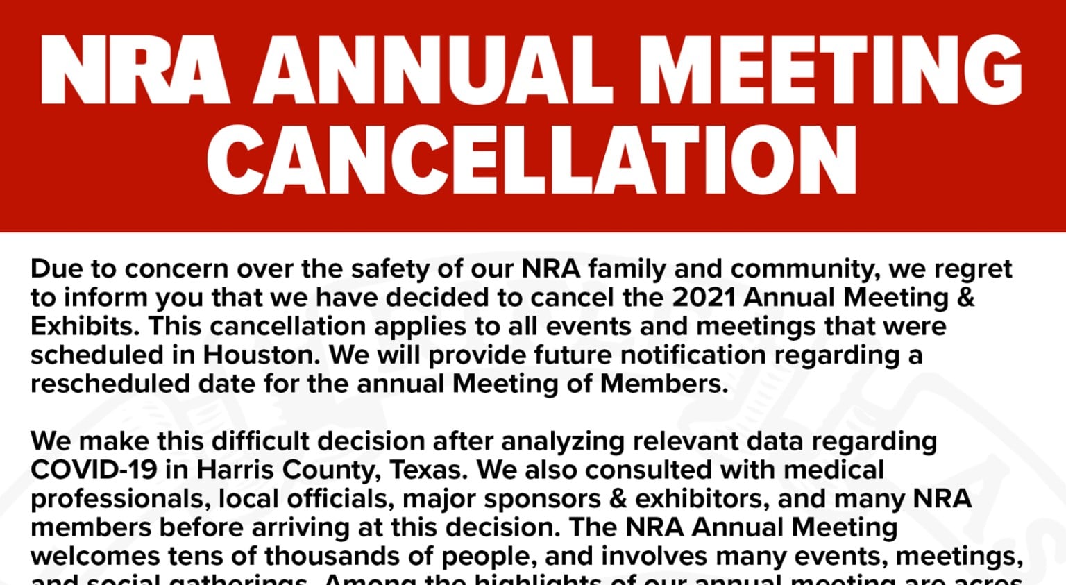 NRA Annual Meeting Officially Cancelled For 2021