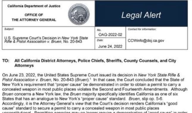 BREAKING: California Attorney General Says No More Proof Of Good Cause Required For Issuing Concealed Carry Licenses