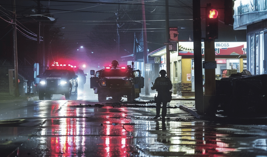 police officers walking on a wet street at night