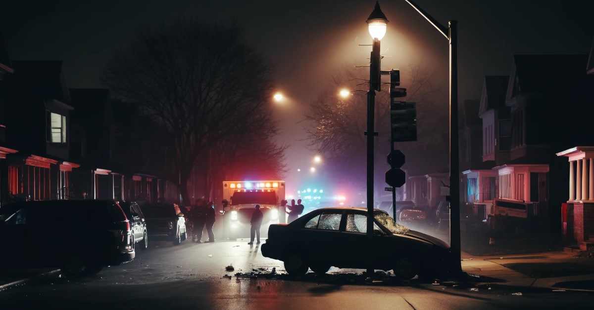 a crashed car on the street at night