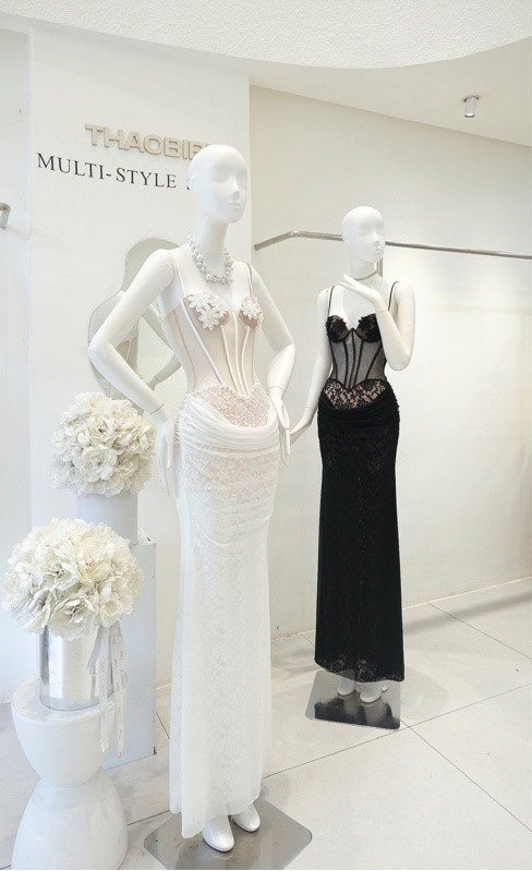 THAOBIBI Floral Lace Mesh Overlay Maxi Dress