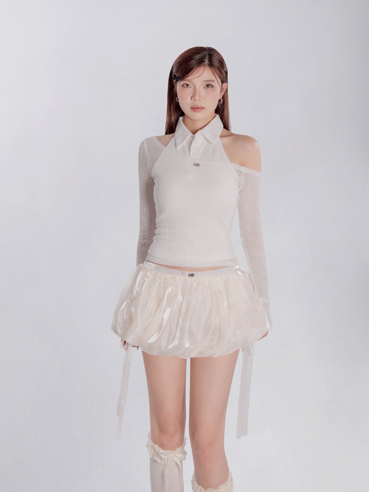 DKMV Hana Top 白色套裝 露肩 Polo 領掛脖內搭配網紗外罩衫